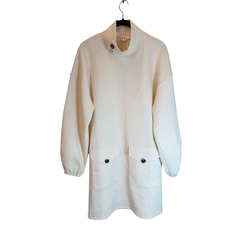 THML Cream Quilted Geometric Mock Neck Dress Gold Button Pockets JH1991-CR